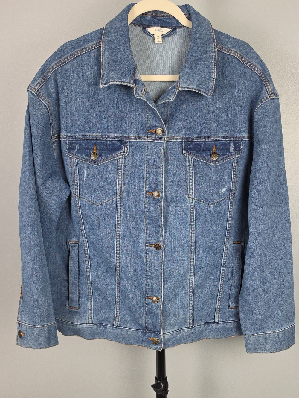 Terra & Sky Plus Size Distressed Medium Wash Denim Jean Jacket Size 0X(14W)